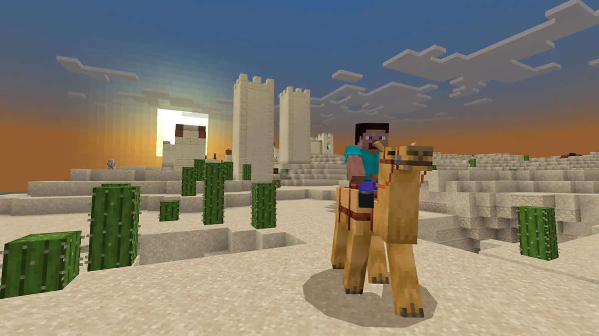 Minecraft: riding a camel at sunset in the desert