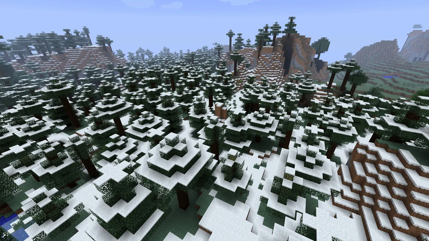 Minecraft: a snowy spruce forest seen from above