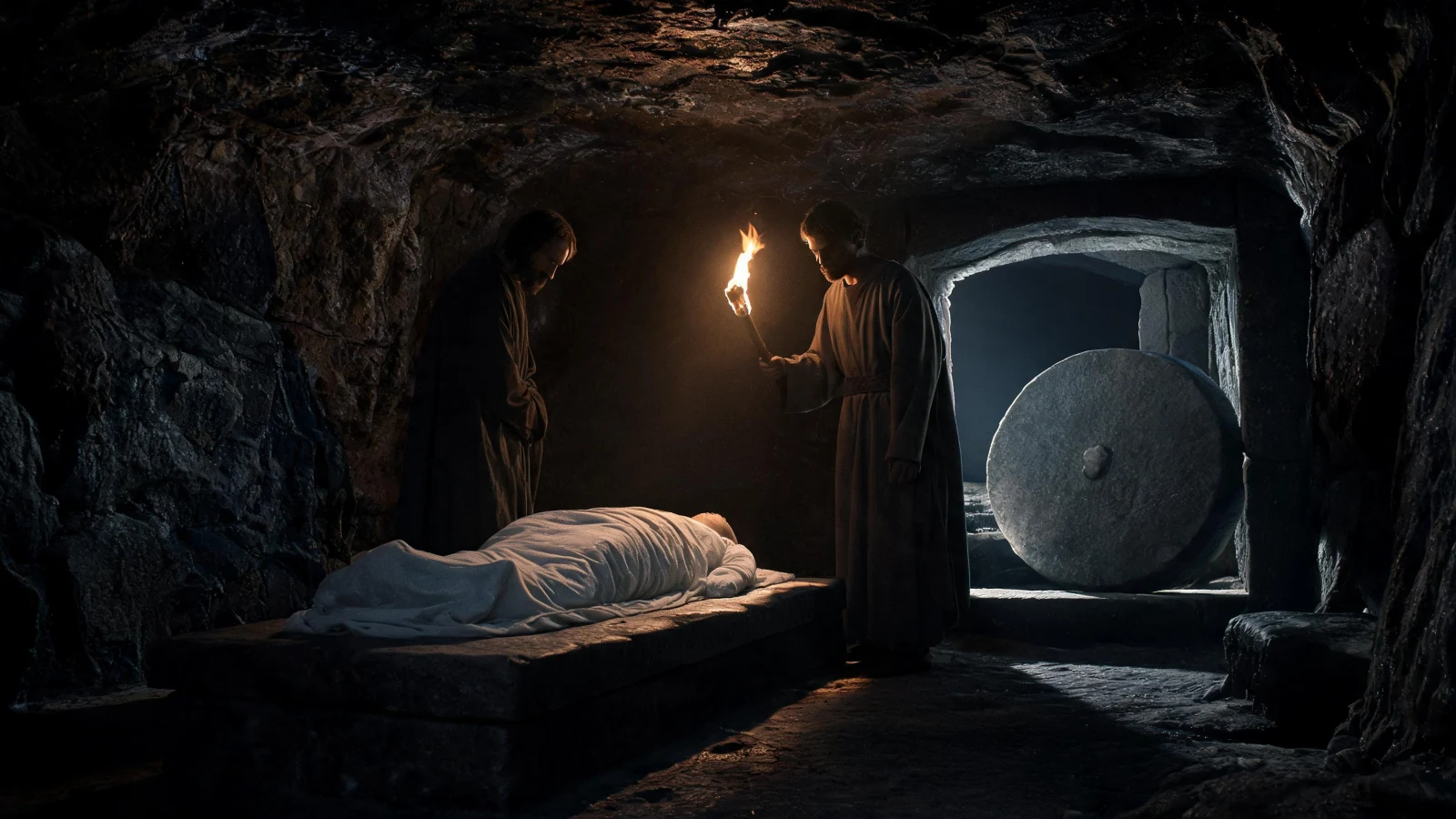 Inside a rock tomb by torchlight, the body of Jesus wrapped in linen on a stone bench, the great round stone at the door