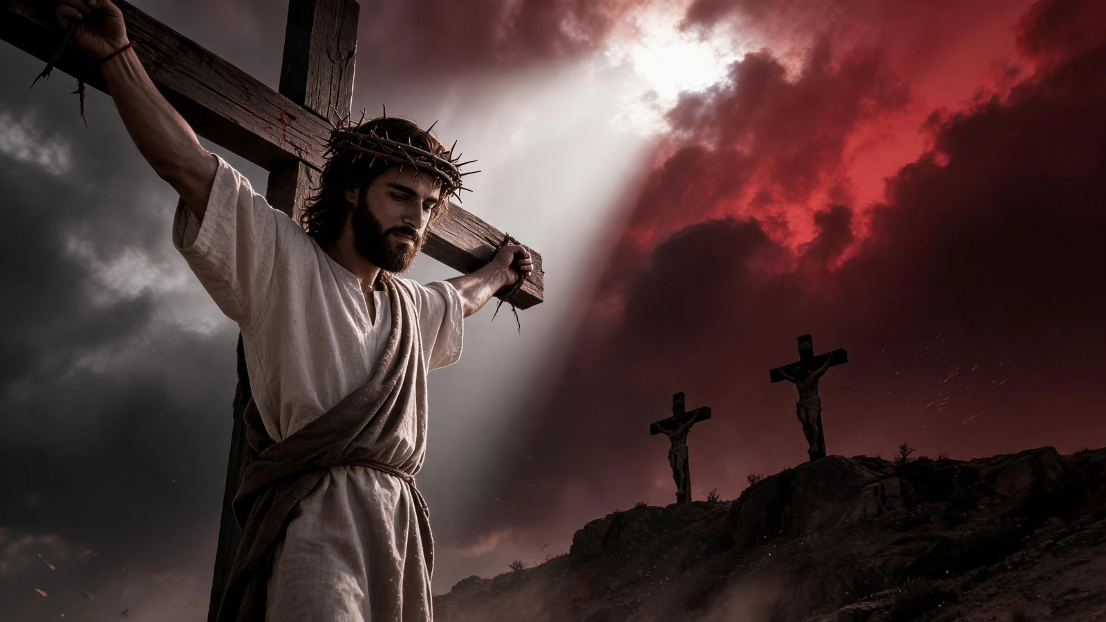 Jesus on the cross wearing the crown of thorns, two more crosses on the hill, a shaft of light through a blood red storm sky