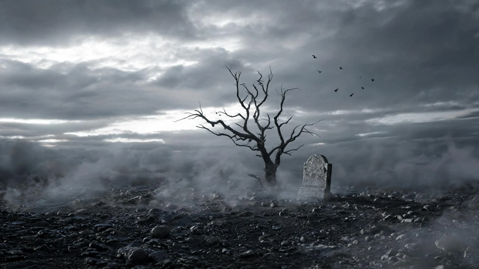 A dead tree and a lone gravestone on a grey, misty plain under a storm sky