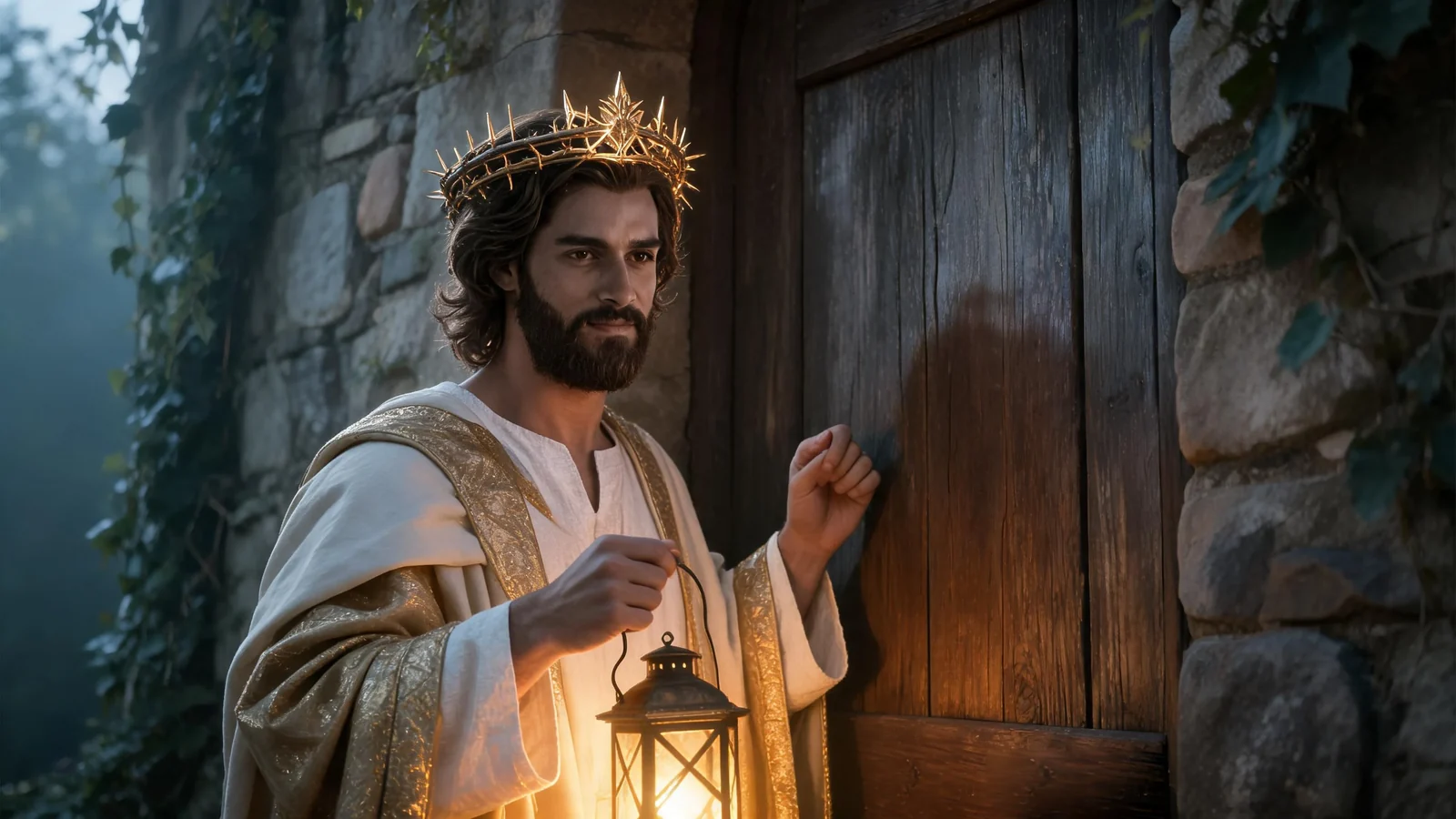 Jesus wearing a golden crown woven with thorns, a lantern in one hand, knocking with the other on an old wooden door with no handle