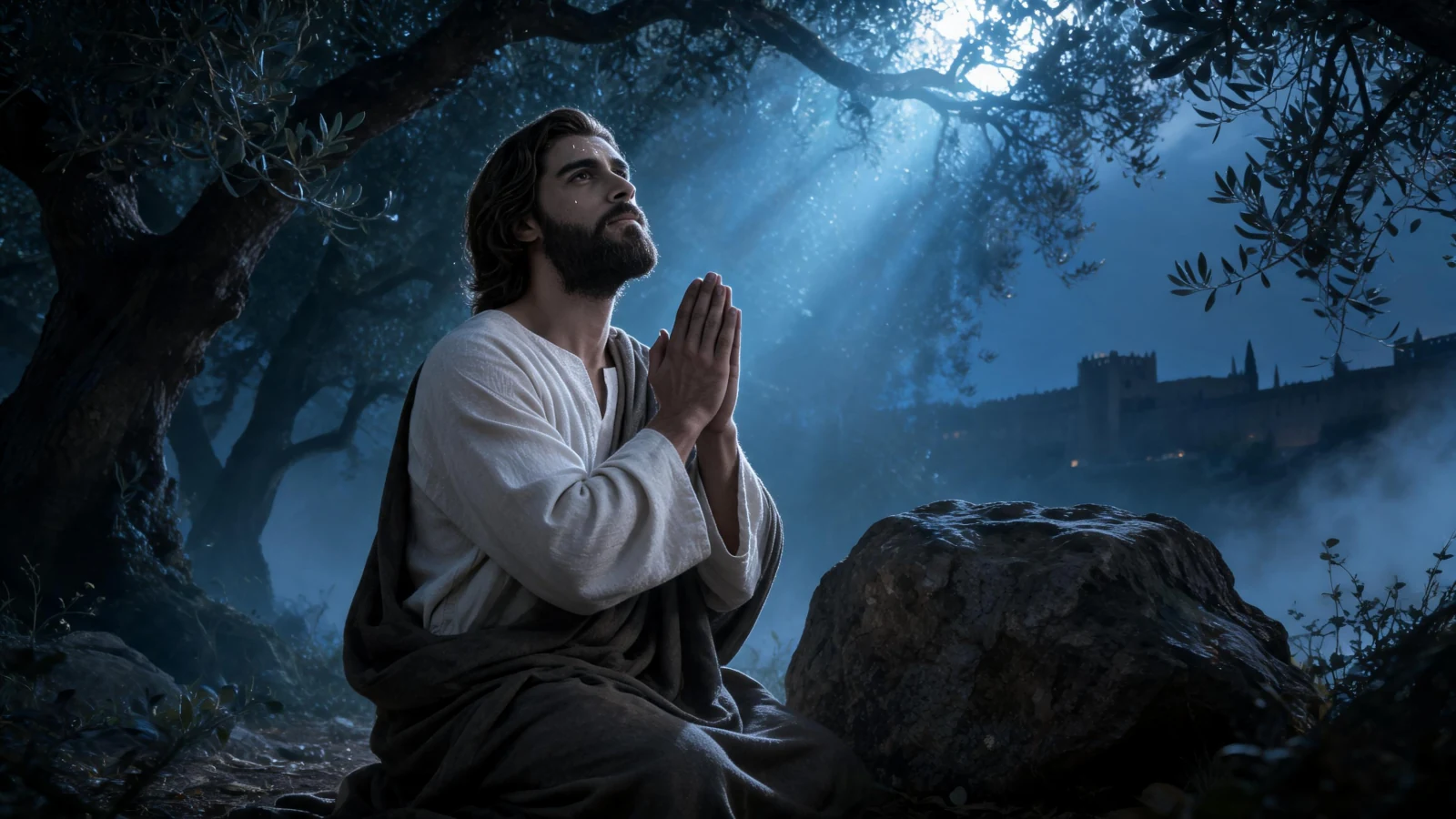 Jesus kneeling in prayer under the olive trees of Gethsemane in cold blue moonlight, Jerusalem's walls behind
