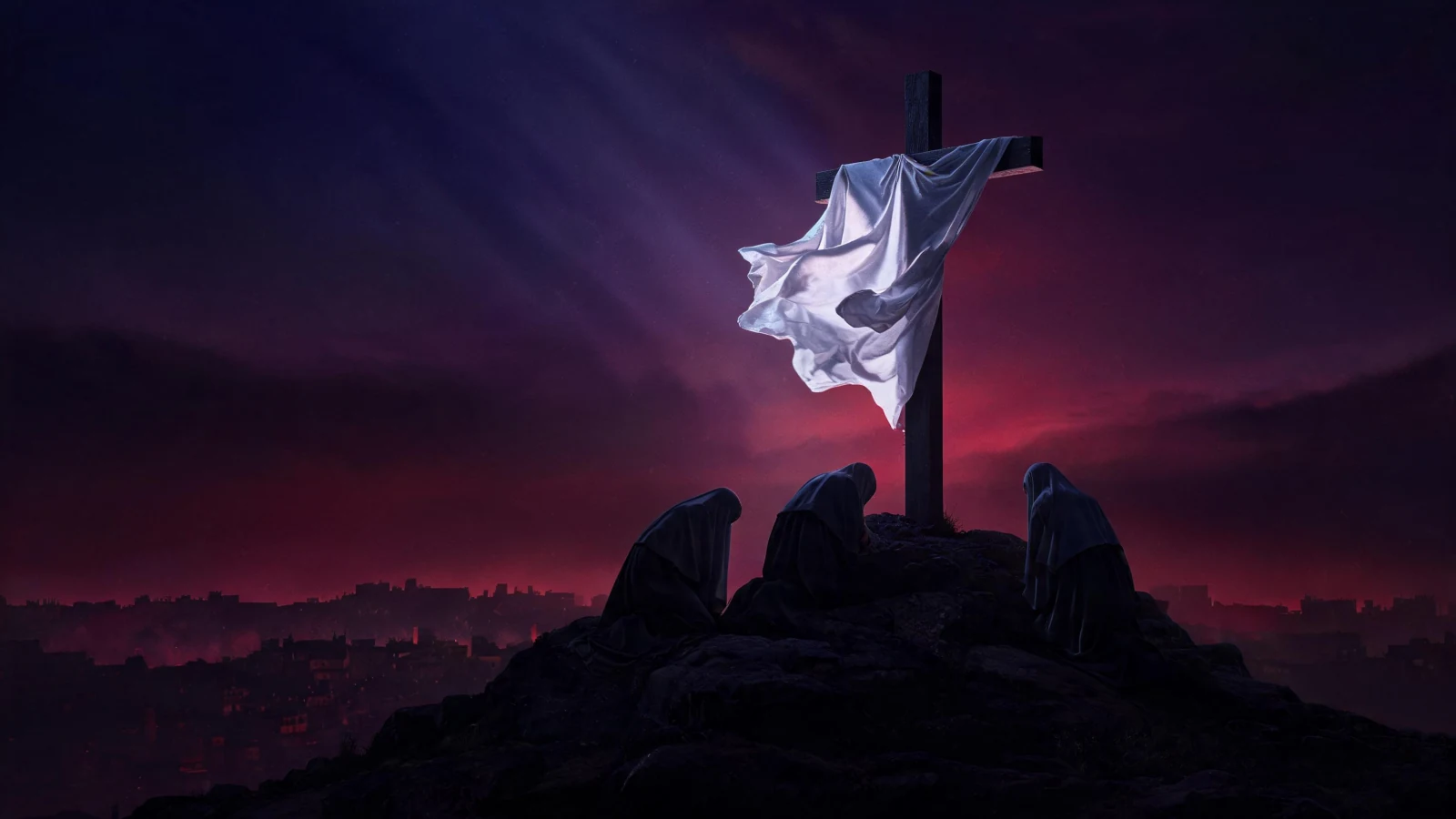 The empty cross at dusk, a white linen cloth blowing from it, mourners kneeling at its foot under a crimson and violet sky