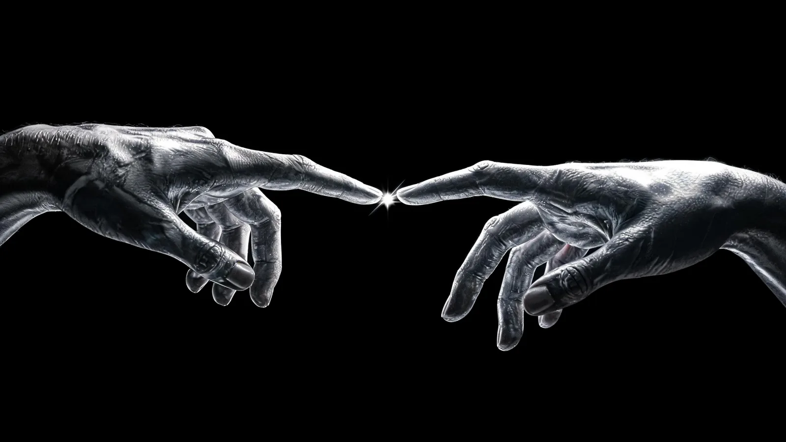 Two silver hands reaching for each other on black, a spark of light between the fingertips, after Michelangelo's Creation of Adam