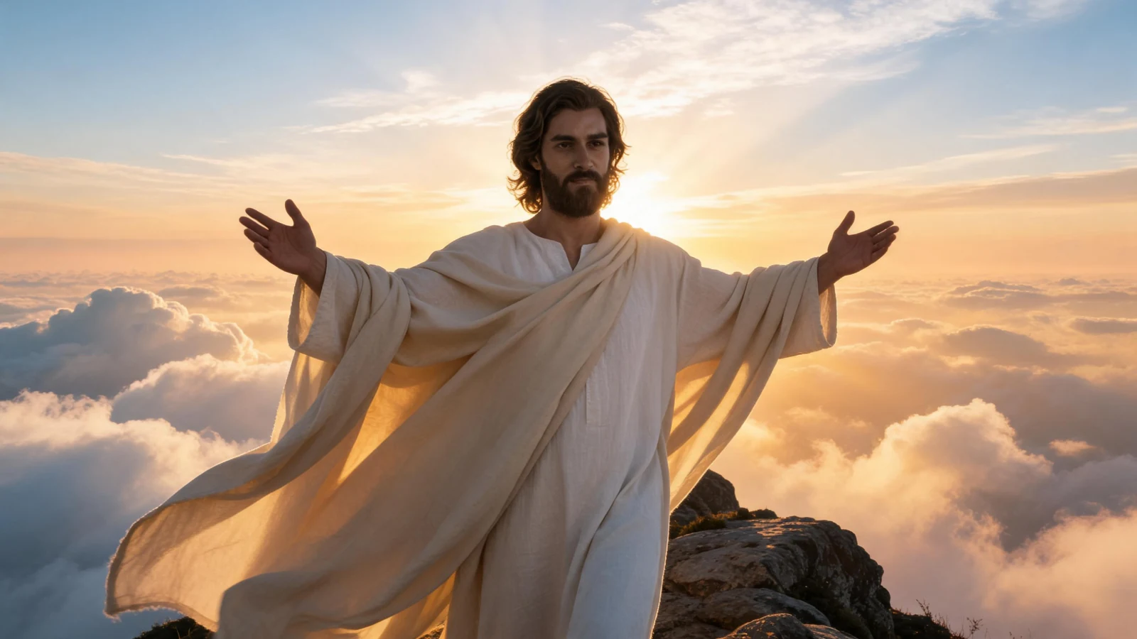 Jesus in a white robe with His arms open, standing above a golden sea of clouds at sunrise