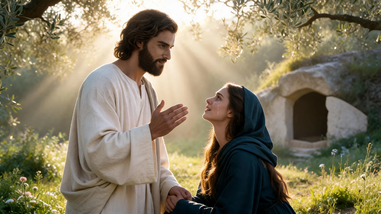 Jesus in the garden at sunrise, speaking to Mary Magdalene as she kneels and looks up at Him, the empty tomb behind