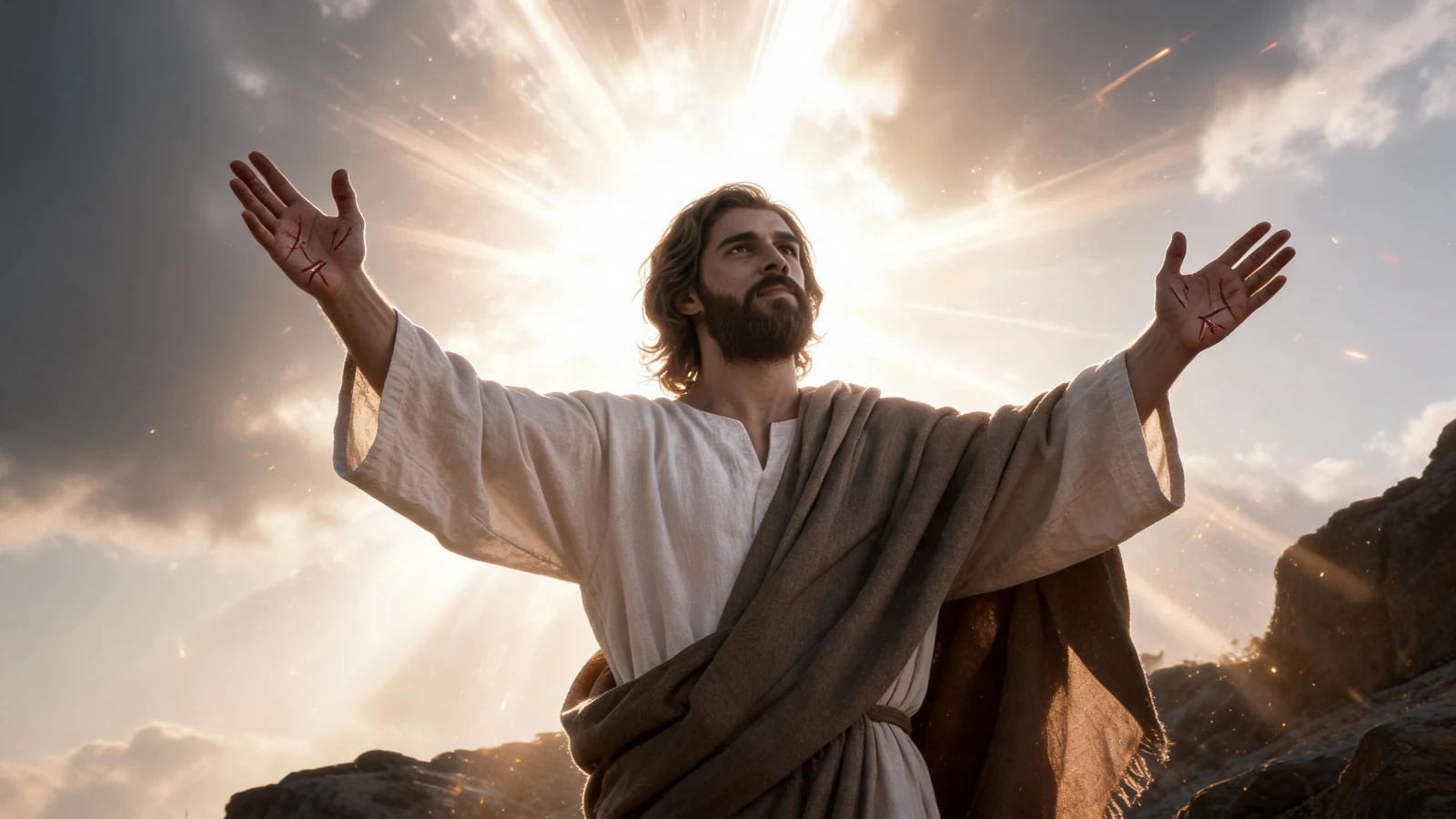 The risen Jesus with His arms open wide, light bursting behind Him