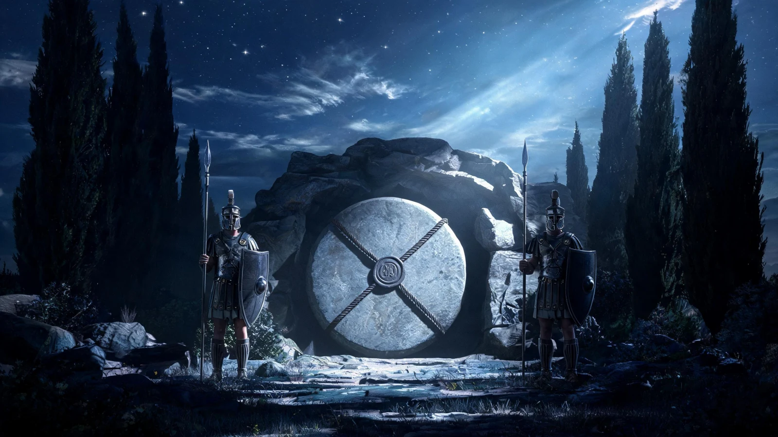 The tomb sealed with a great round stone under a starry night, two Roman soldiers standing guard among cypress trees