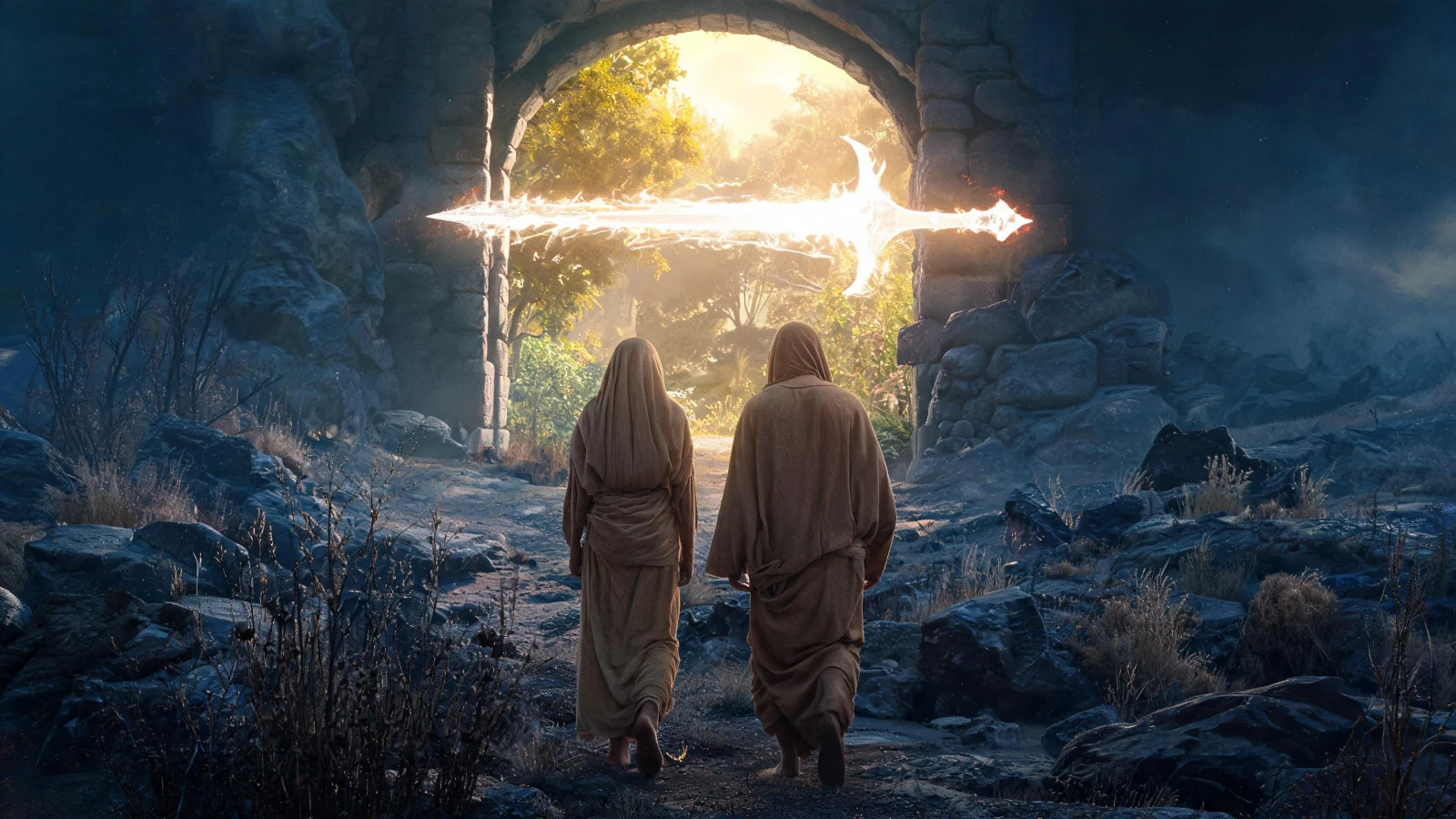 A man and a woman in rough robes walk away from the bright gate of a garden, a flaming sword across the arch