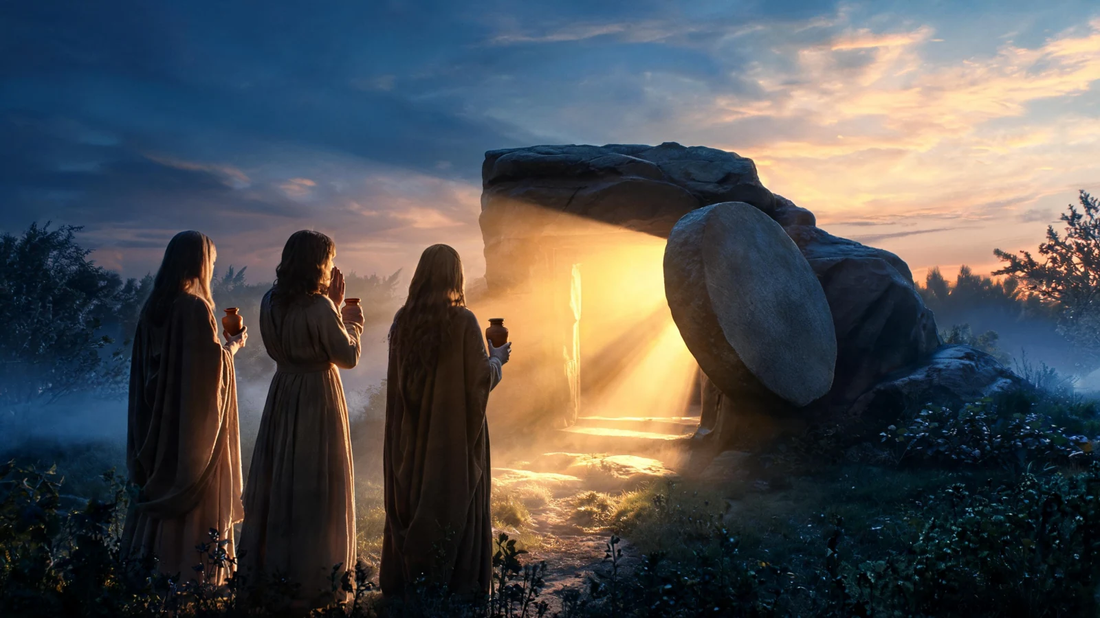 Three women carrying spices find the stone rolled away at dawn, light pouring out of the open tomb