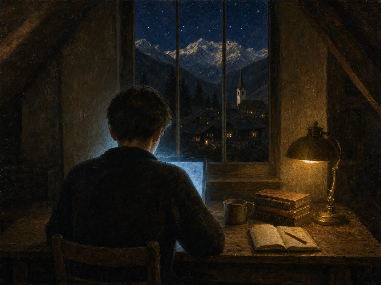 A teenager seen from behind, building at a laptop by a window at night, a Swiss village and mountains outside